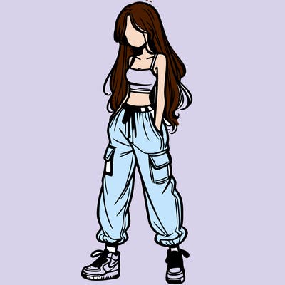 girl in baggy pants crop top and long hair