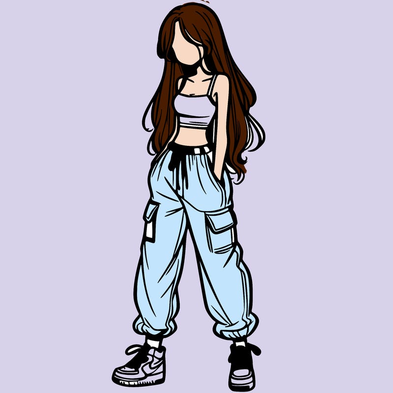 girl in baggy pants crop top and long hair