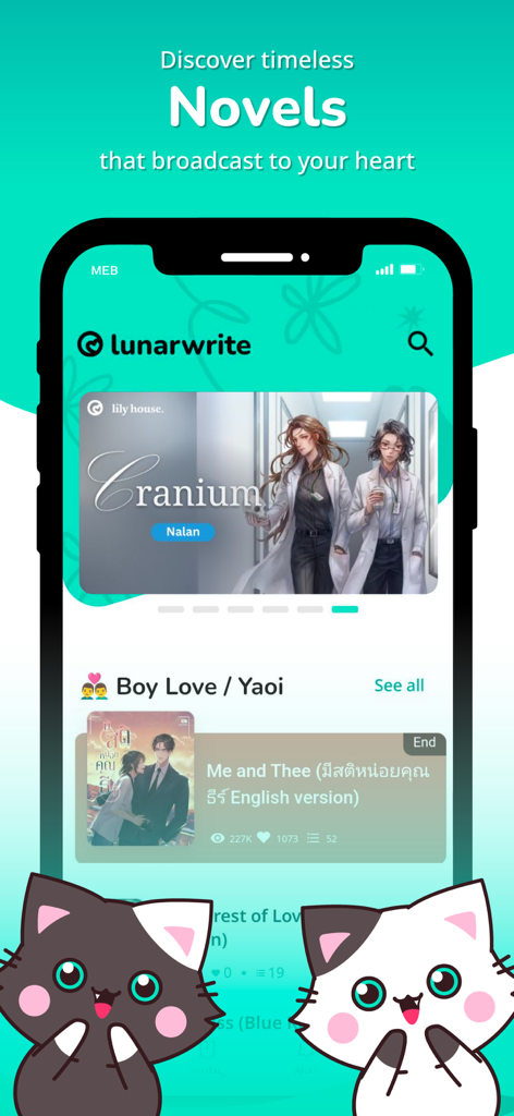 Lunarwrite - Écran d'accueil de l'application Lunarwrite montrant des romans d'amour officiels BL et GL thaïlandais.
