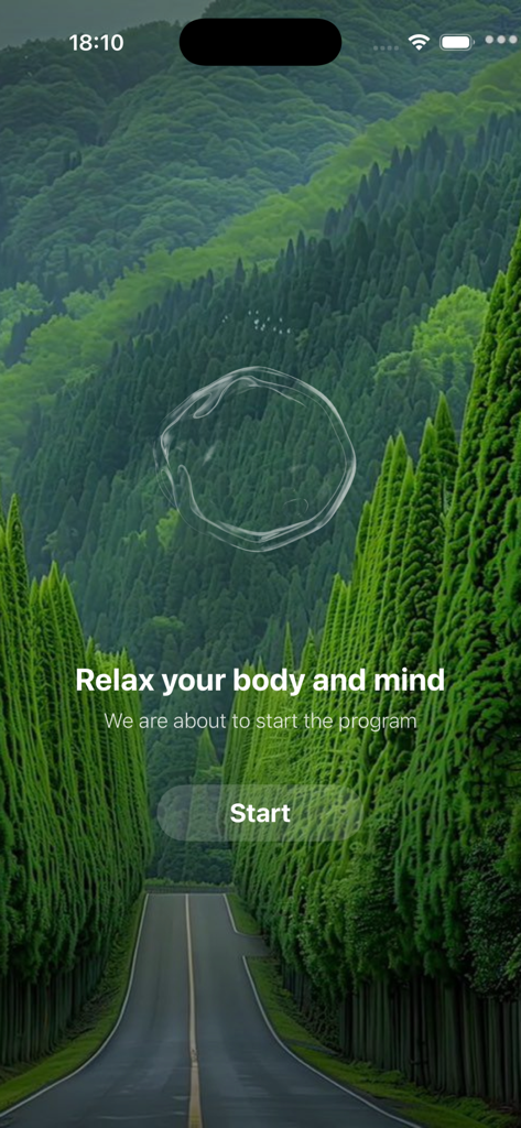 BP Scan - Health monitor - Intro screen for a breathing session showing a lush green forest road with the text Relax your body and mind and a start button