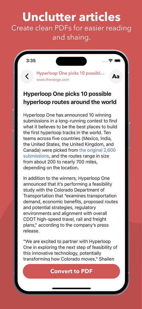 Web to PDF Converter & Reader - Interface of the Web to PDF Converter app showing a clean reading view of an article with a button to convert to PDF