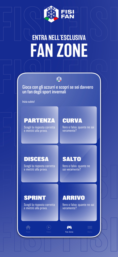 FISI FAN - Interface do aplicativo FISI FAN mostrando a Fan Zone com várias categorias para quizzes e jogos de esportes de inverno.