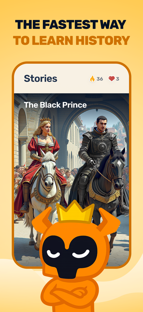 Paladin app interface showing a historical story about The Black Prince with an orange mascot character