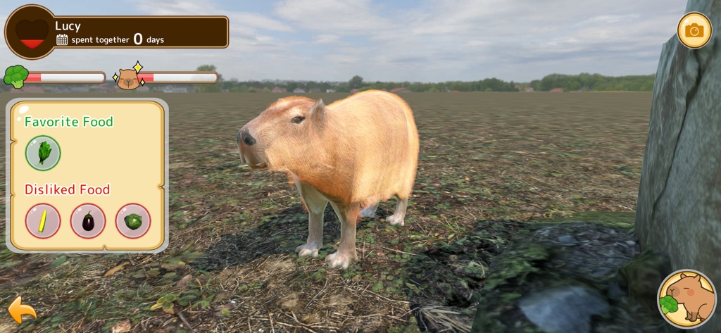 Capybara Spa - A 3D capybara named Lucy in a grassy field with a UI overlay showing its favorite and disliked foods.