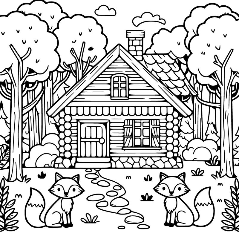 a house in a forest with trees and with two foxes in front, complex