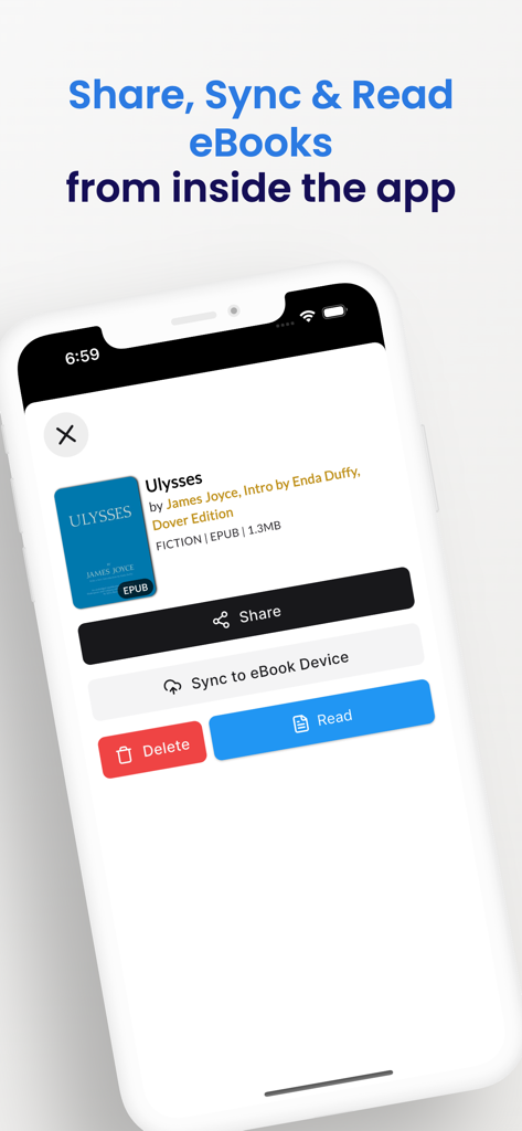 Interfaz de la aplicación Grook en un smartphone que muestra opciones para compartir, sincronizar y leer eBooks