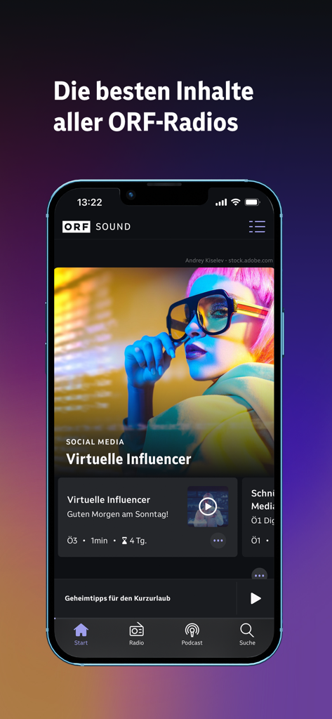 ORF Sound - ORF Sound mobile app interface displaying radio and podcast highlights