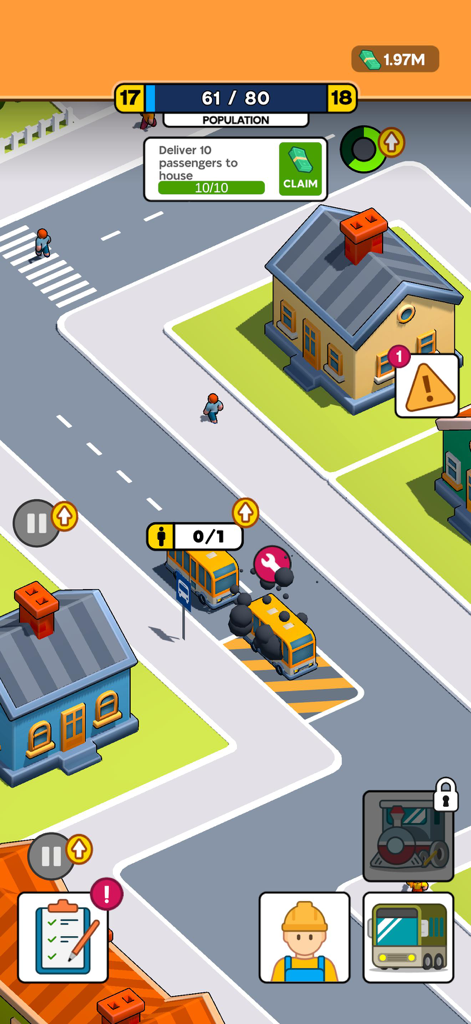 City Transportation Tycoon - City Transportation Tycoon gameplay showing buses on a street with residential buildings.