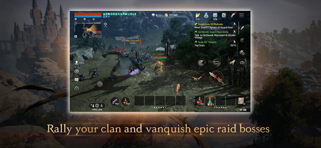 Lineage2M - Un personaje en Lineage2M luchando contra un jefe de incursión Delu Guardian en un entorno de mundo abierto.