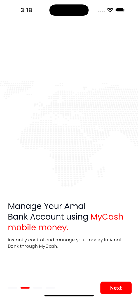 MyCash Subscriber - Onboarding-Bildschirm der MyCash Subscriber App zur Verwaltung von Amal Bank-Konten über Mobile Money