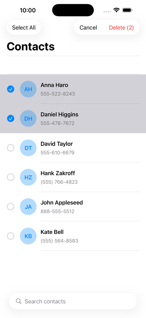 Oberfläche der Contact Backup-App, die mehrere ausgewählte Kontakte zur Massenlöschung zeigt.
