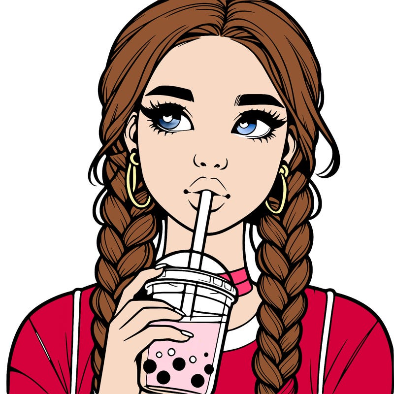 realistic girl with braided hair drinking boba