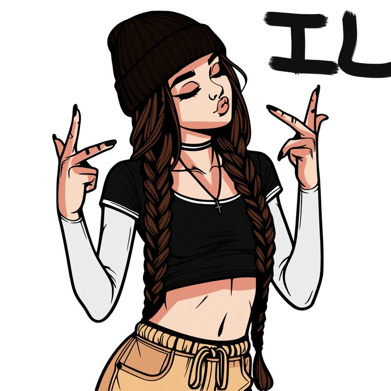 realistic teenage girl with braids and a beanie and crop top doing 🫶🏼