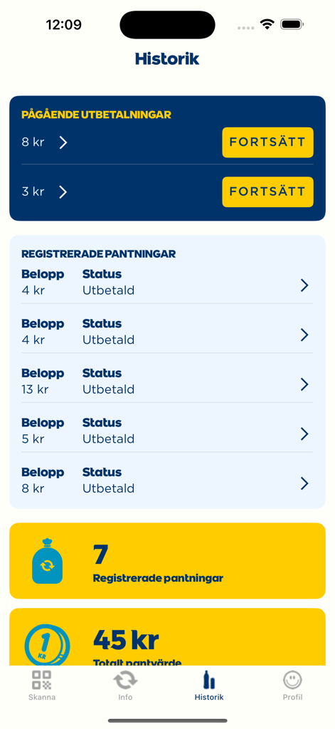 Pantamera app history page showing a list of recycled bottle deposits and total earnings.