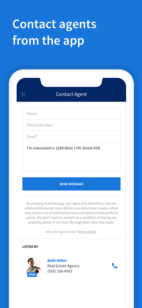 StreetEasy mobile app screen showing a form to contact a real estate agent for a property listing