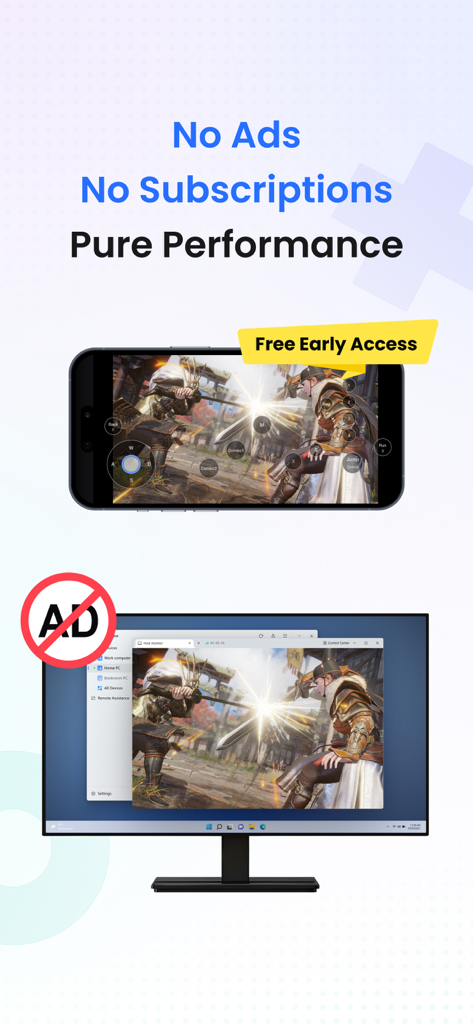 Smartphone e monitor che mostrano gaming remoto ad alte prestazioni senza pubblicità