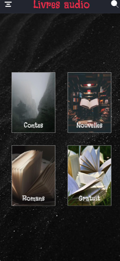 Audiolivres - The home screen of the Audiolivres app displaying tiles for French audiobook categories including tales short stories novels and free content.