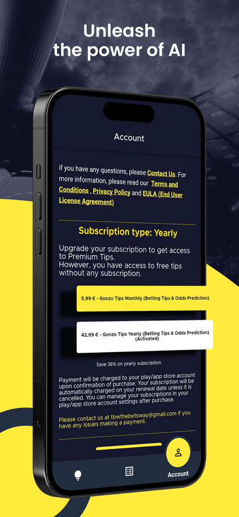 Gonzo Tips - Page de compte de l'application Gonzo Tips affichant les options d'abonnement premium annuel pour les prédictions de paris sur le football par IA.