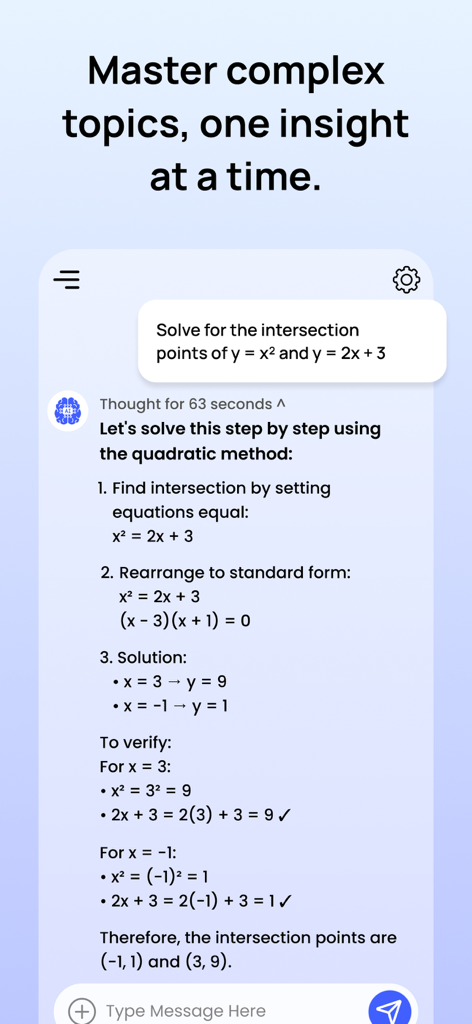 Q.AI - Ask AI Chatbot Deepseek - A screenshot of the Q.AI app showing a step-by-step mathematical solution to a quadratic equation intersection problem.