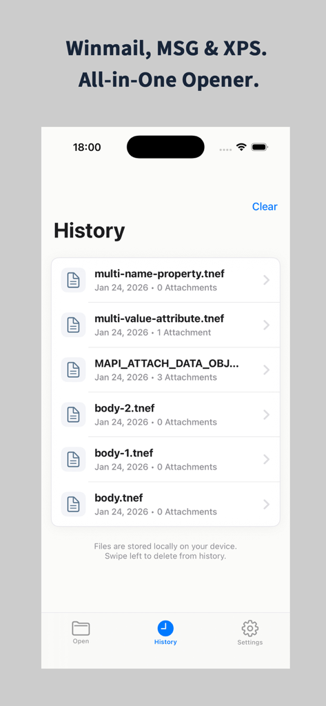 Winmail.dat Opener: Pro Reader - History screen of the Winmail.dat Opener app showing a list of recently opened TNEF and Outlook message files.