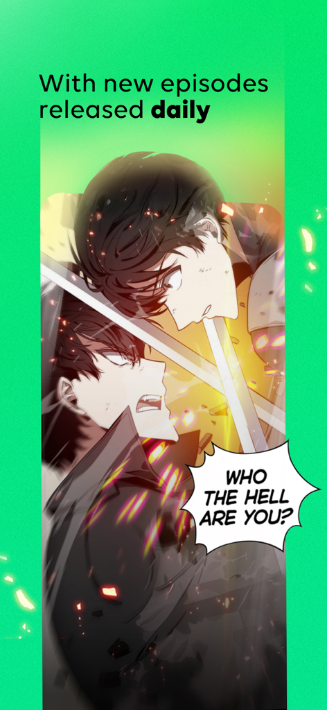 WEBTOON: Manga, Comics, Manhwa - An action manhwa scene on the WEBTOON app showing two characters clashing with a caption about daily episode releases