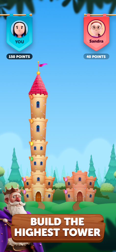 Two players competing in a real time trivia match to build the tallest tower