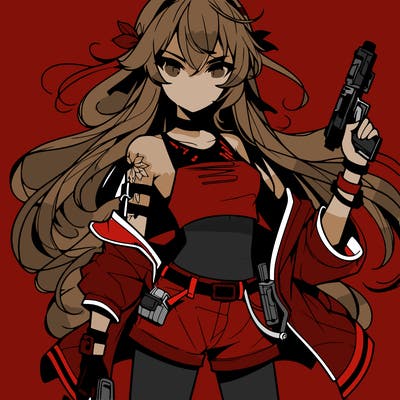 bad girl wearing crop top holding a gun long hair anime