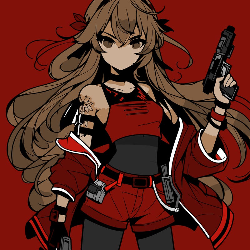 bad girl wearing crop top holding a gun long hair anime