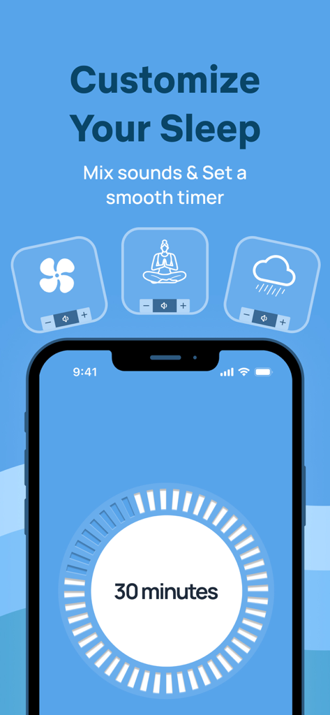Baby Sleep White Noise Machine - Baby Sleep app interface showing sound mixing options for fan, meditation, and rain with a 30-minute countdown timer.