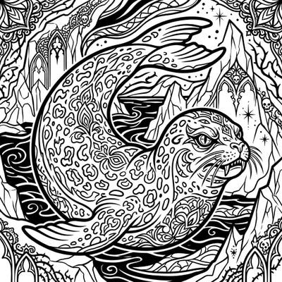 Explore the captivating blend of fierce wildlife and dark elegance with this unique Gothic Leopard Seal coloring page. Perfect for adult colorists seeking intricate designs and a touch of the macabre in their artistic journey.