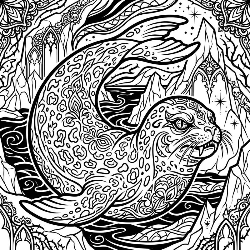 Explore the captivating blend of fierce wildlife and dark elegance with this unique Gothic Leopard Seal coloring page. Perfect for adult colorists seeking intricate designs and a touch of the macabre in their artistic journey.