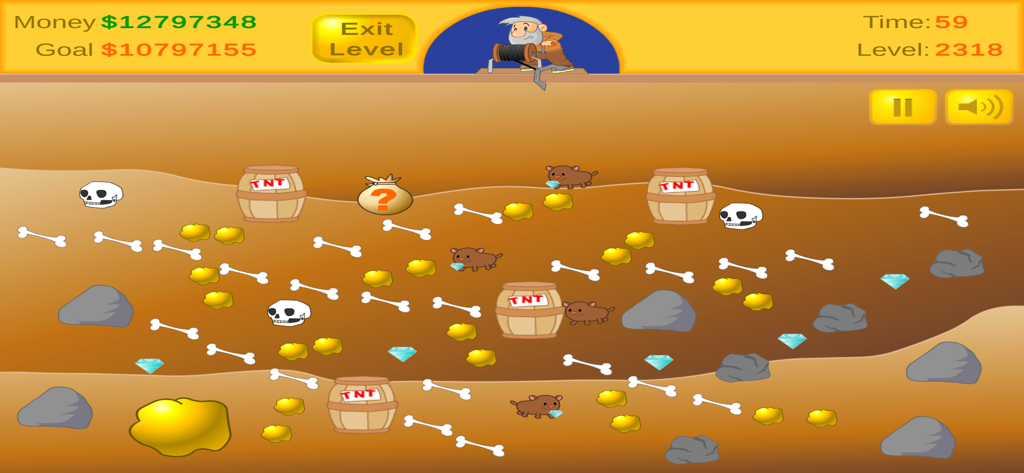 Gameplay screenshot of Classic Miner featuring a miner character using a hook to collect gold and diamonds underground