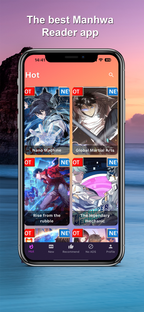 Read Manhwa Online - Interface of the Read Manhwa Online app showing a list of hot and trending manhwa titles