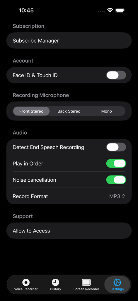 Voice Recorder, Voice Memos ™ - Pantalla de configuración de la aplicación Grabadora de Voz mostrando opciones de seguridad, configuración de grabación de audio y el interruptor de cancelación de ruido