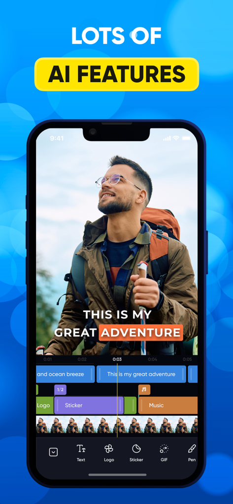 Application mobile Capti AI montrant une interface d'éditeur vidéo avec des légendes dynamiques et une chronologie multi-pistes