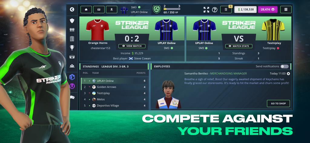 Striker Manager 3 - Striker Manager 3 game dashboard showing league standings and match results