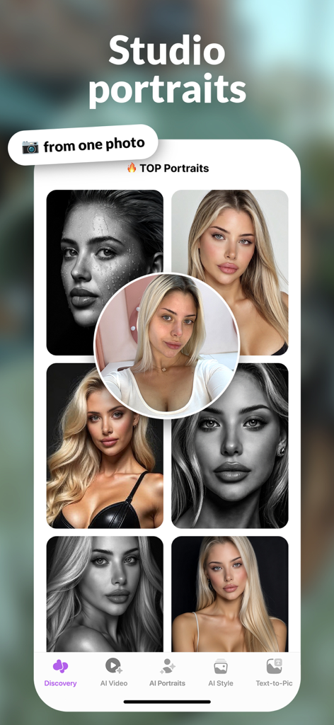 AI Video Photo・DreamPix Editor - 単一のソース写真から作成された、さまざまな高品質AI生成スタジオポートレートを表示するモバイルアプリインターフェース