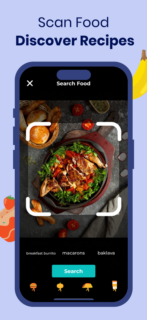 Taste Of Home - Allrecipes - Interface of the Taste of Home app showing the food scanner tool to identify a meal and find recipes