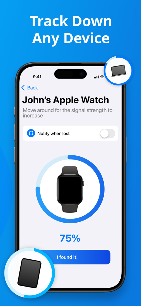 Interface of the Find Air app showing a signal strength meter at 75 percent to locate a lost Apple Watch.