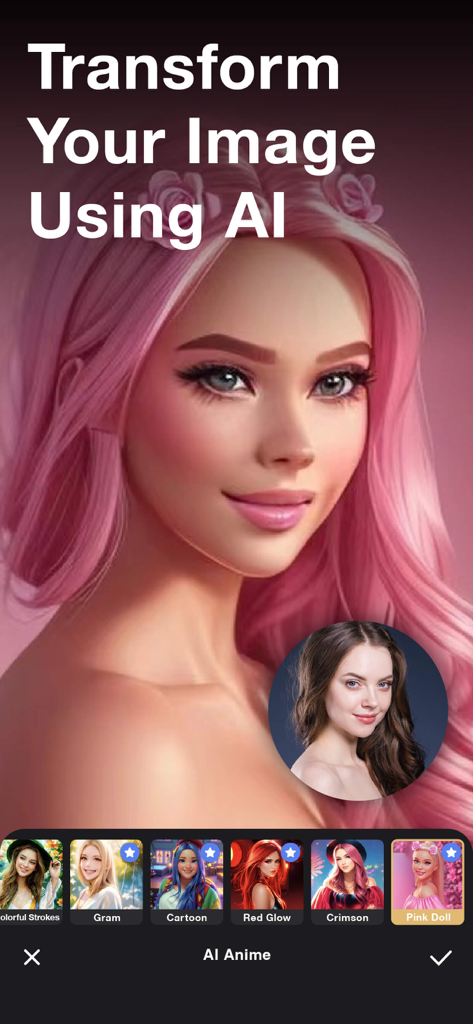 SoReal AI | Face Swap Changer - A portrait transformed into a pink haired anime avatar using the SoReal AI app anime filter