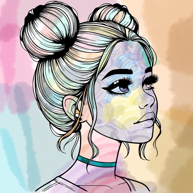 realistic girl with buns on the top of her head