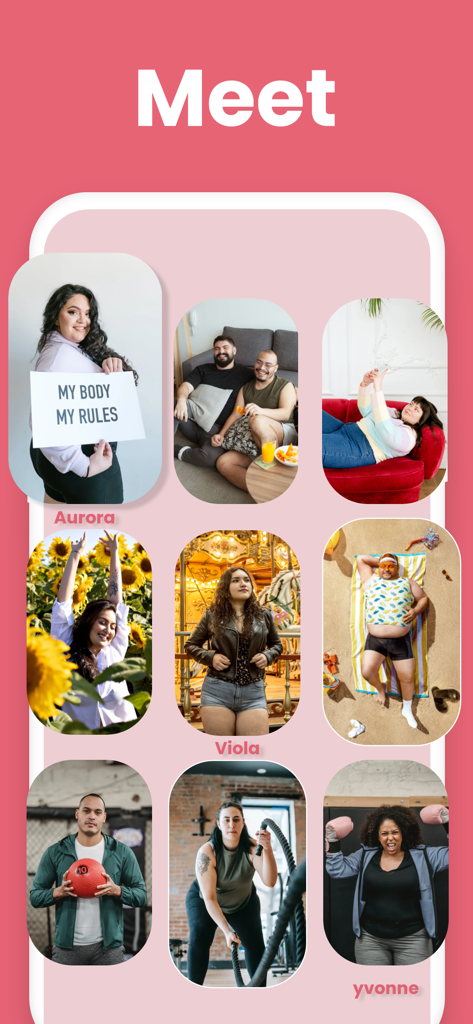 Plus Club: BBW Dating & Chat - Grid of diverse plus-size people profile photos on the Plus Club dating app meet screen