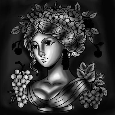 bust of a woman statue with flowers and a bunch of grapes in her hair, cherry earrings