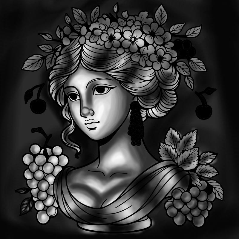 bust of a woman statue with flowers and a bunch of grapes in her hair, cherry earrings