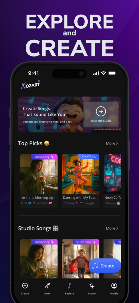 Interfaz de la aplicación Mozart AI Song Generator que muestra varias opciones de creación de canciones y selecciones principales