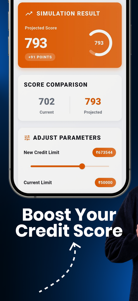 Credit Score Check & Report - A smartphone screen displaying a credit score simulation result with a projected score of 793 and an improvement of 91 points