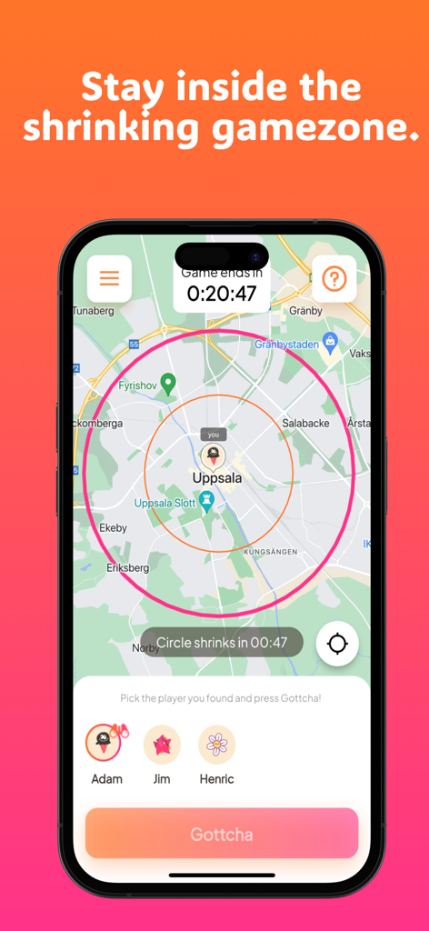 Interfaz de mapa de la aplicación Gottcha que muestra una zona de juego que se reduce con círculos concéntricos y un temporizador de juego.