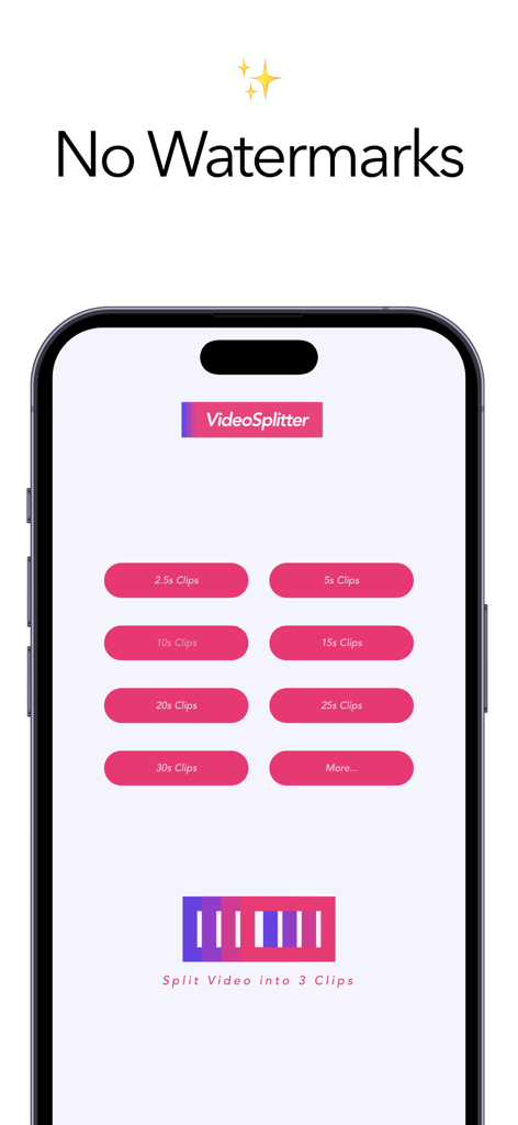 Video Splitter - No Watermark - Video Splitter app interface showing various video clip length options for social media stories