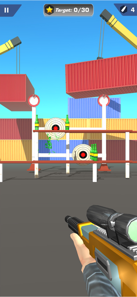 Shooting Master 3D Sniper Game - First person sniper view aiming at targets and bottles in an industrial port setting