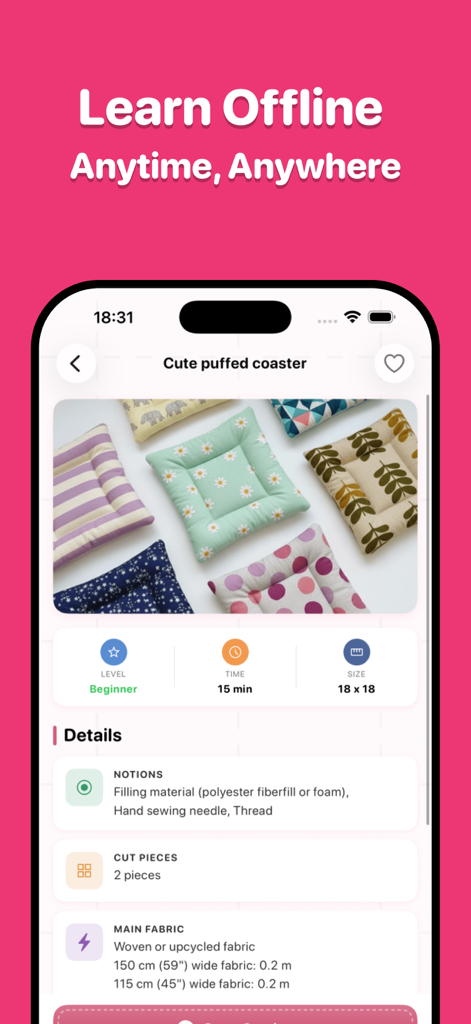 Sewie: Sewing Patterns- Stitch - Tela do aplicativo Sewie exibindo detalhes do projeto e listas de materiais para um projeto de costura para iniciantes para fazer um coaster franzido.
